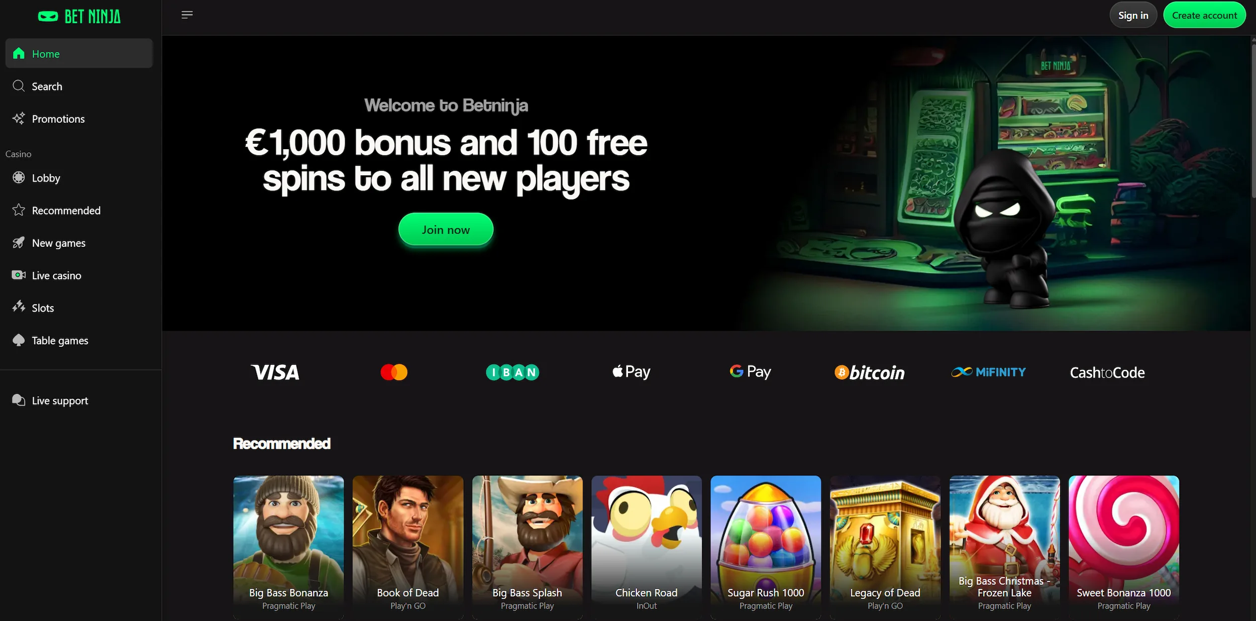 BetNinja casino page showing welcome bonus offer, selection of recommended online pokies and site main navigation