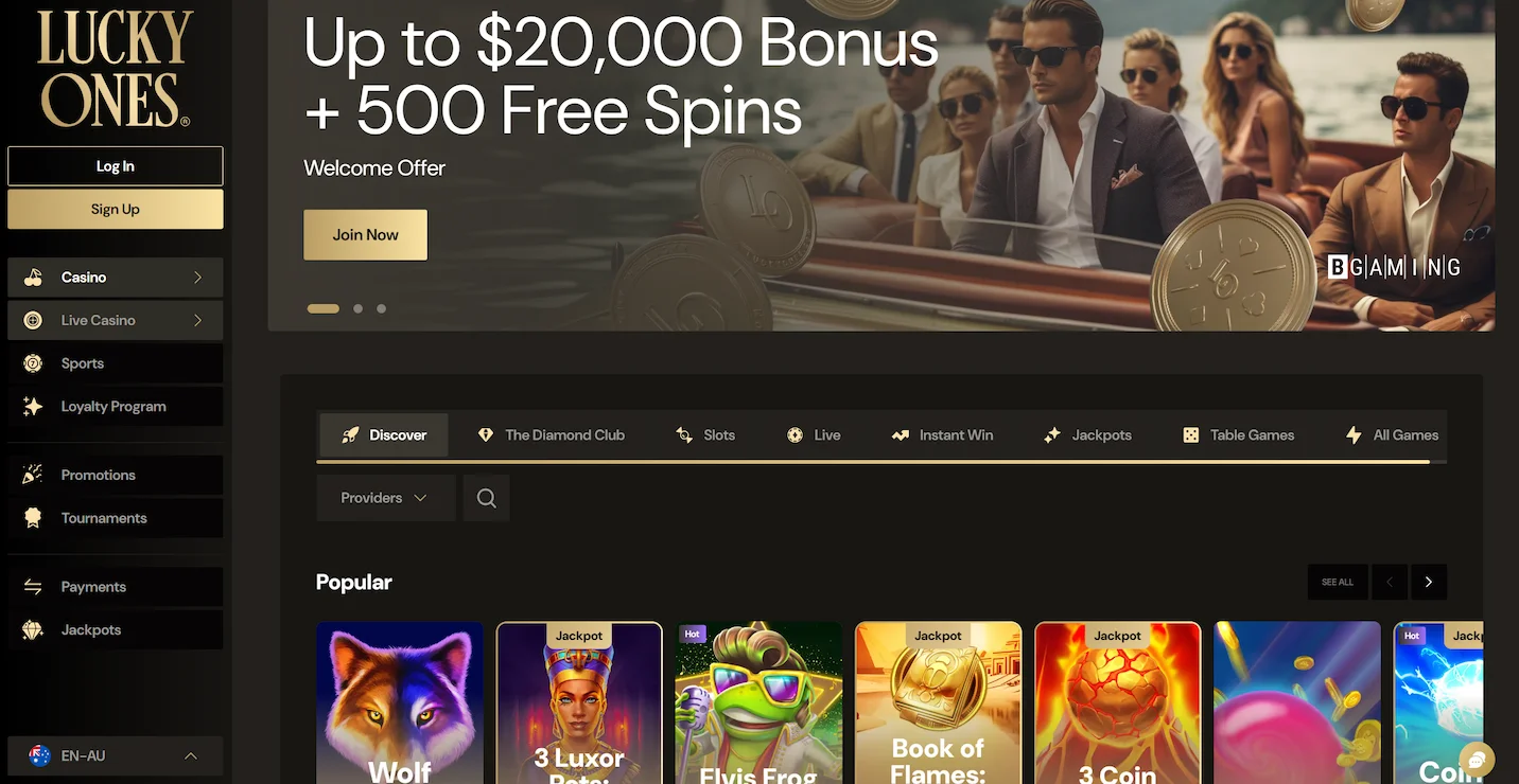 LuckyOnes casino page showing welcome bonus offer, popular online pokies and site navigation