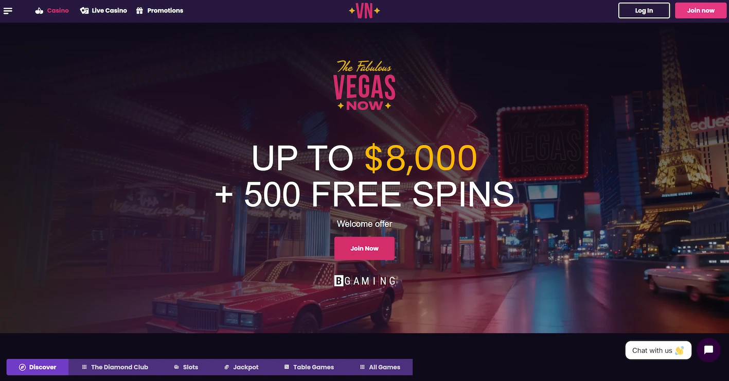 VegasNow casino featuring welcome offer and site main anvigation